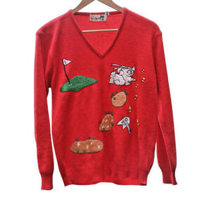 Vintage 80s Golf Sweater Womens Novelty Dog Palm Springs Preppy Kitsch Size L